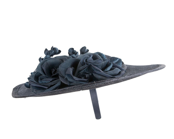 Large navy sinamay fascinator hat with flowers by Max Alexander - Image 3