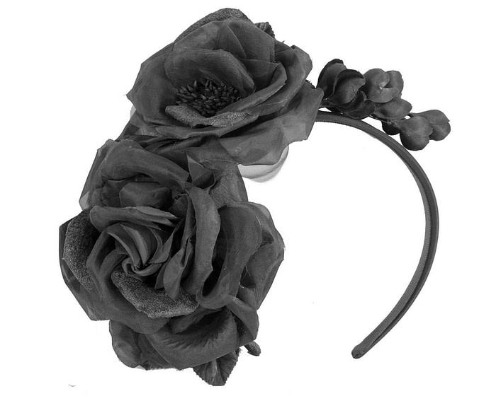 Large black flower fascinator headband by Max Alexander - Image 2