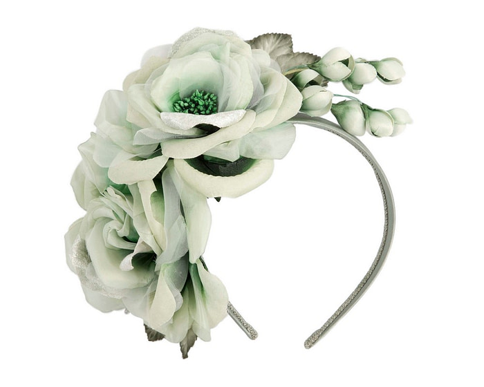 Large green flower fascinator headband by Max Alexander - Image 2