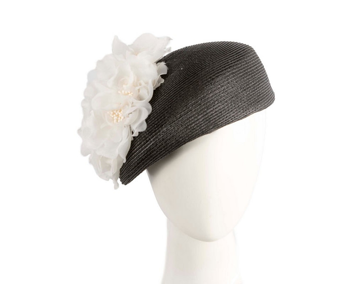 Modern black beret hat with cream flowers by Max Alexander