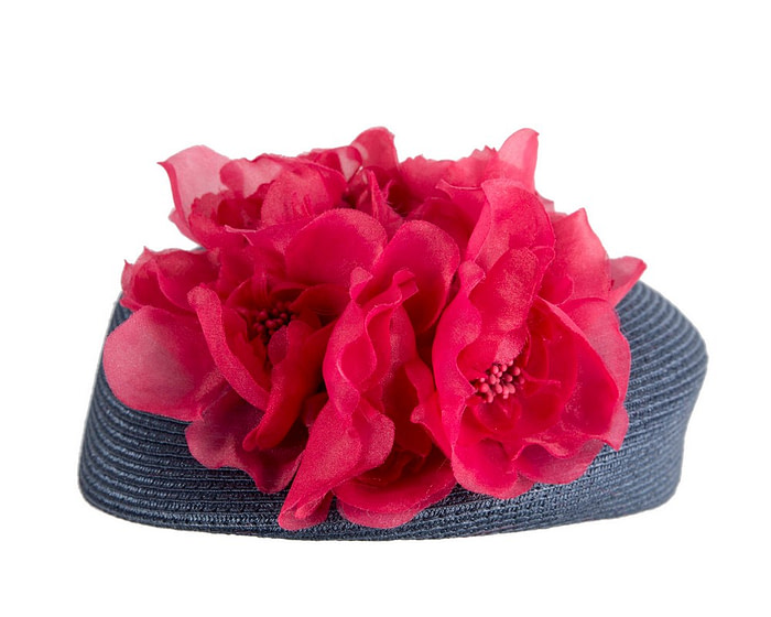 Modern navy beret hat with red flowers by Max Alexander - Image 3