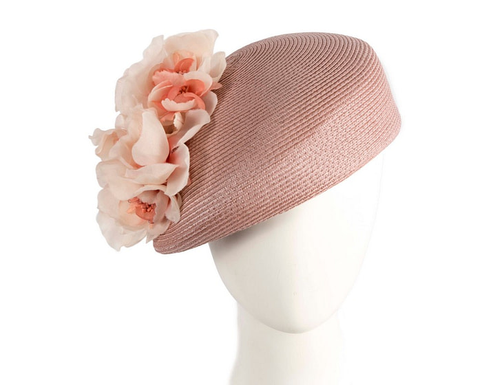Modern taupe beret hat with flowers by Max Alexander