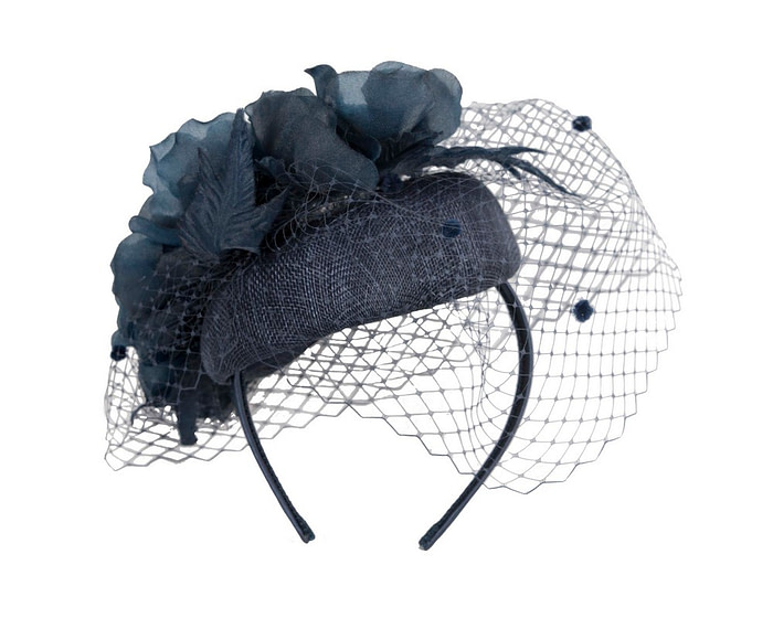Navy flower pillbox with face veil by Fillies Collection - Image 4