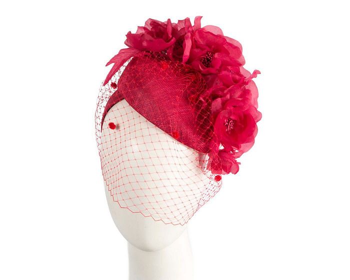 Red flower pillbox with face veil by Fillies Collection