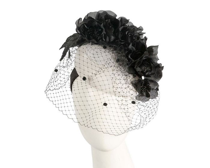 White & Black flower pillbox with face veil by Fillies Collection