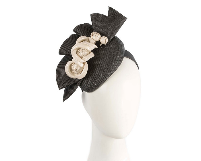 Black pillbox with cream leather flowers by Fillies Collection