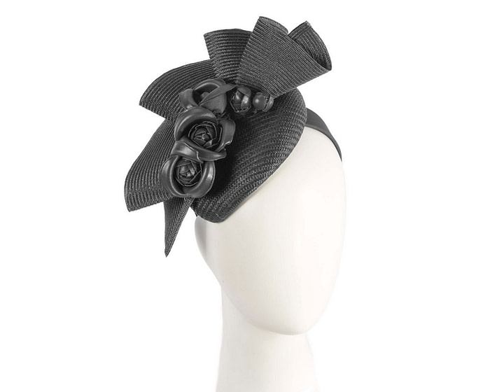 Black pillbox with leather flowers by Fillies Collection