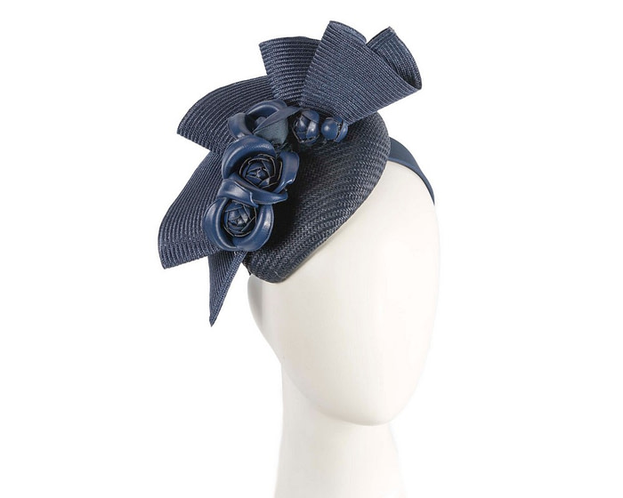Navy pillbox with leather flowers by Fillies Collection