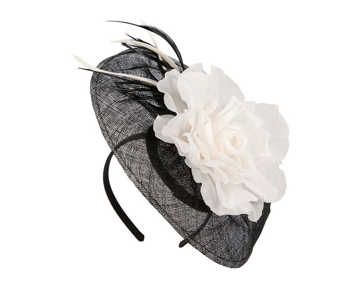 Large black fascinator with white flower by Max Alexander - Image 2