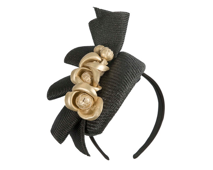 Black pillbox with gold leather flowers by Fillies Collection - Image 2