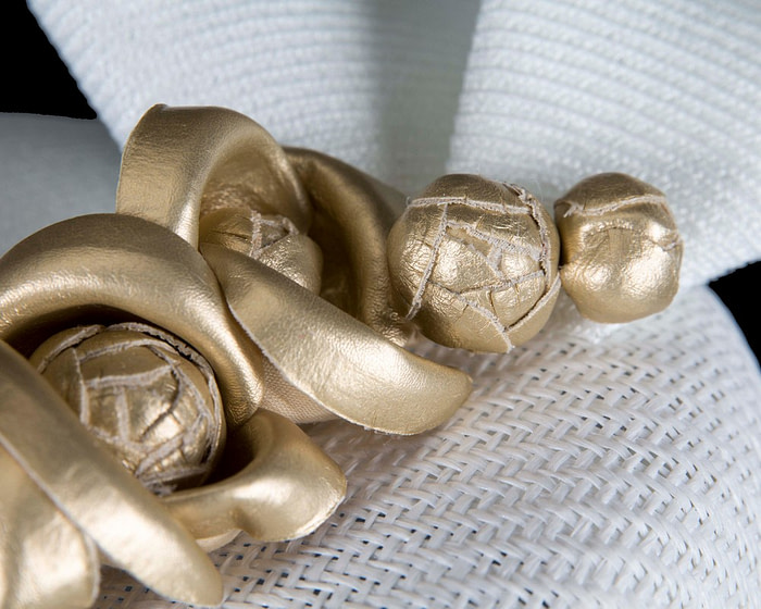 White pillbox with gold leather flowers by Fillies Collection - Image 5