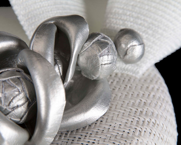 White pillbox with silver leather flowers by Fillies Collection - Image 5