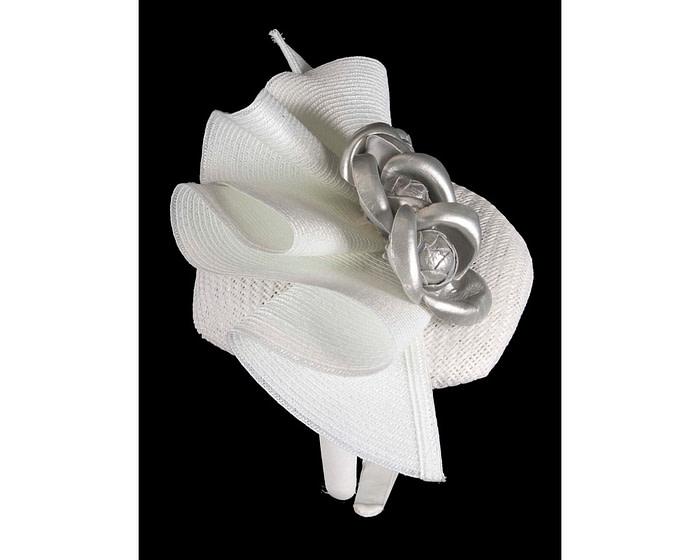 White pillbox with silver leather flowers by Fillies Collection - Image 4