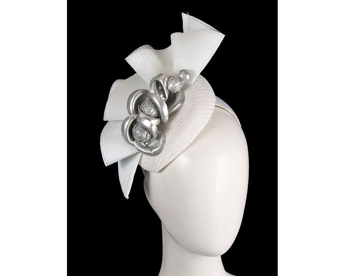 White pillbox with silver leather flowers by Fillies Collection