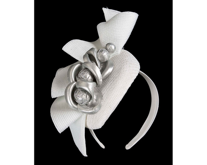 White pillbox with silver leather flowers by Fillies Collection - Image 2