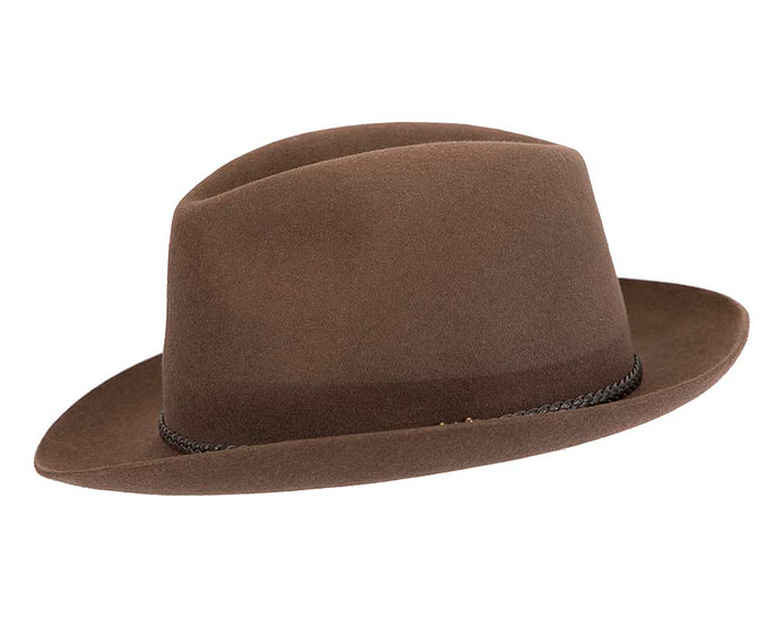 Brown unisex rabbit fur fedora hat, leather trim & buckle - Hats From OZ