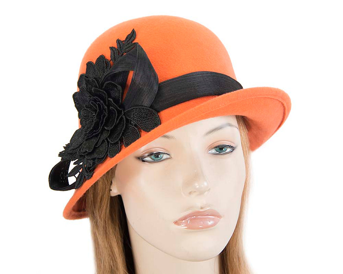 Orange felt cloche hat with lace by Fillies Collection - Hats From OZ