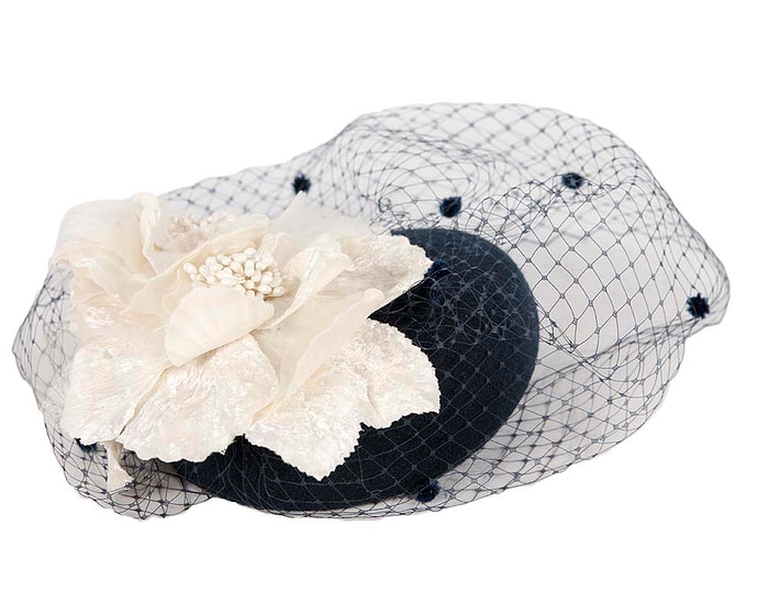 Navy cream felt pillbox with flower and veiling for winter racing - Hats From OZ