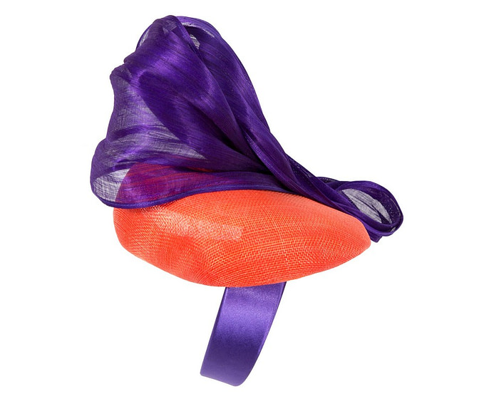 Orange pillbox fascinator with purple silk abaca bow by Fillies Collection - Hats From OZ