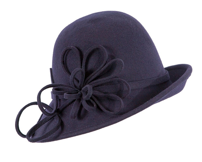 Navy felt winter hat with flower by Max Alexander - Hats From OZ