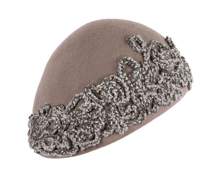 Grey felt beret with crocheted trim CU449 - Hats From OZ