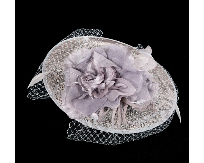 Silver sinamay fascinator with flower and veil - Hats From OZ