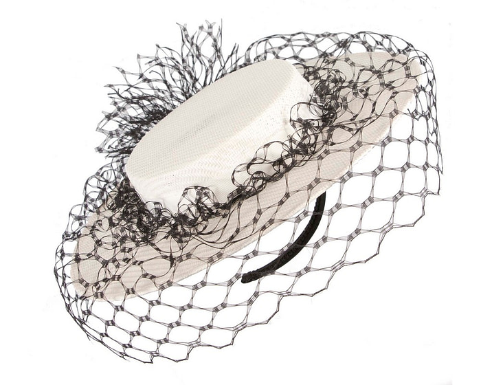 White & black boater hat with face veil by Fillies Collection - Hats From OZ