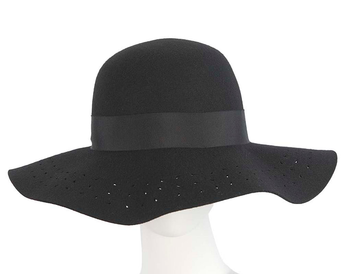 Wide brim black winter cloche hat by Cupids Millinery Melbourne