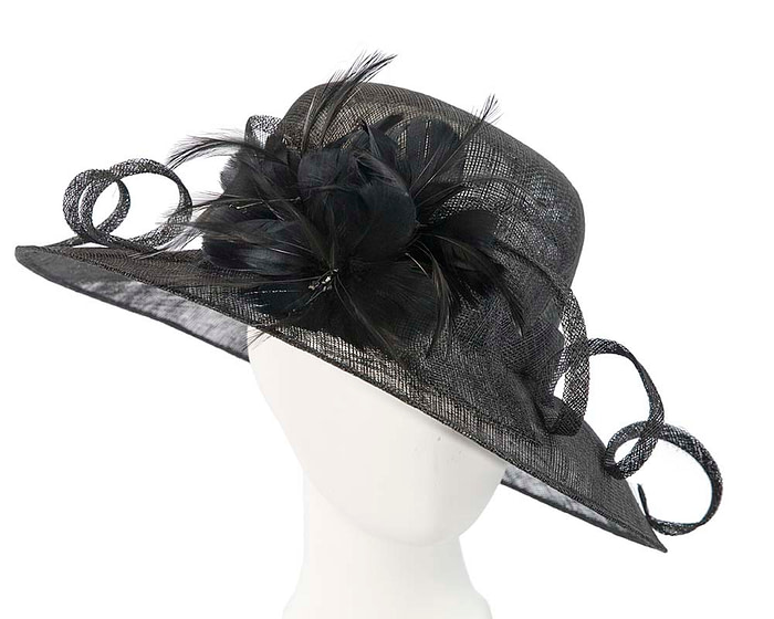 Large black racing hat with bow by Cupids Millinery