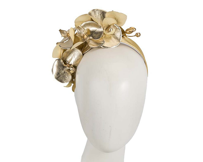 Bespoke leather gold orchid flower headband