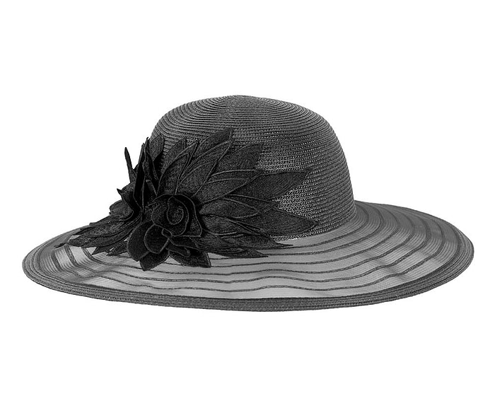 Black wide brim hat with lace flower by Cupids Millinery - Image 2