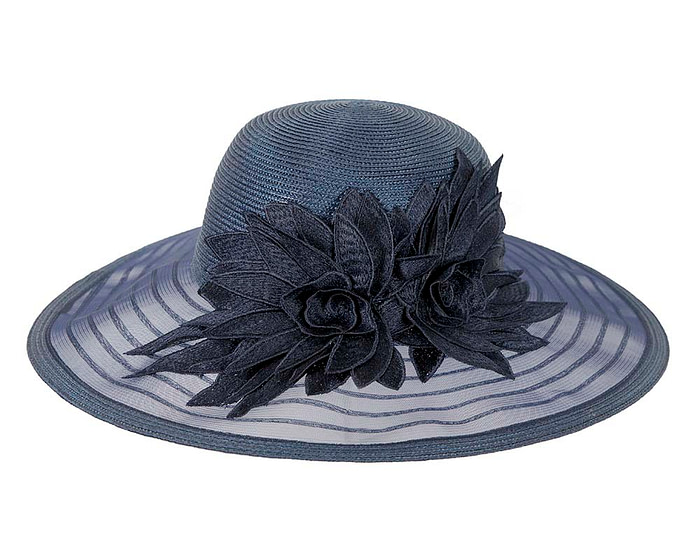 Navy wide brim hat with lace flower by Cupids Millinery - Hats From OZ