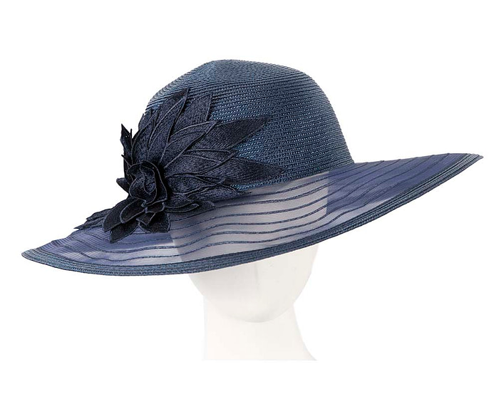 Navy wide brim hat with lace flower by Cupids Millinery