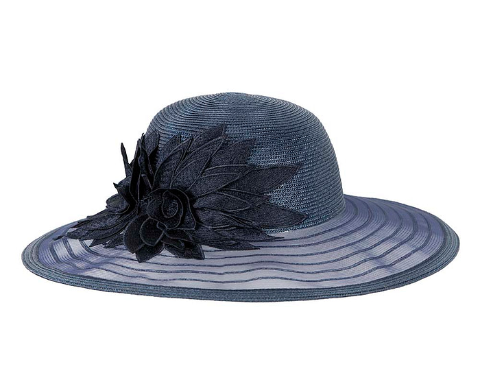 Navy wide brim hat with lace flower by Cupids Millinery - Image 2