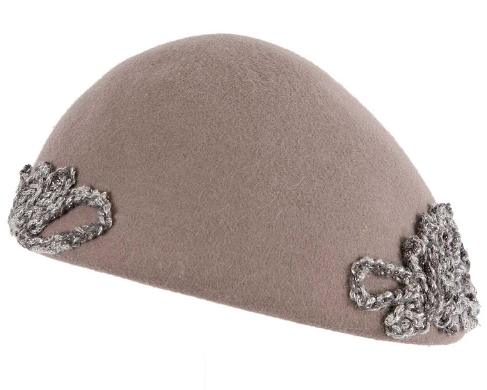 Grey felt beret with crocheted trim CU449 - Hats From OZ