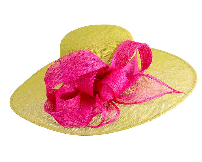 Wide brim lime green hat with fuchsia ribbon - Image 2