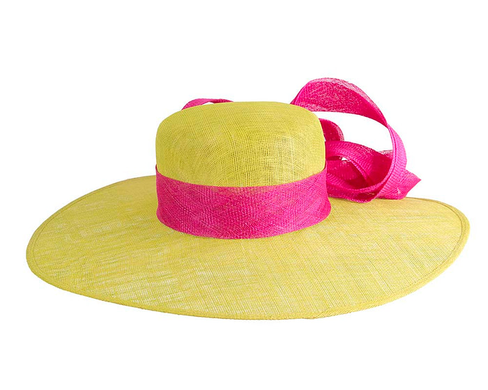 Wide brim lime green hat with fuchsia ribbon - Image 6