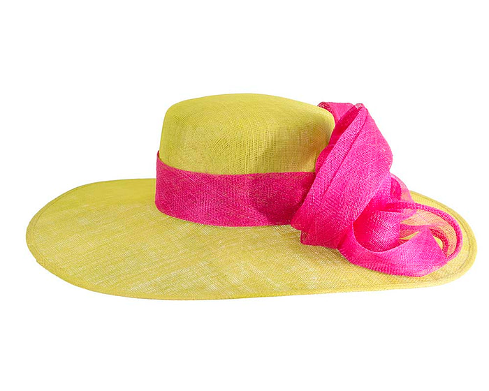 Wide brim lime green hat with fuchsia ribbon - Image 4