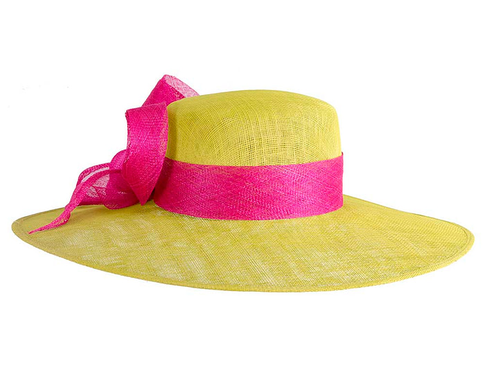 Wide brim lime green hat with fuchsia ribbon - Image 3