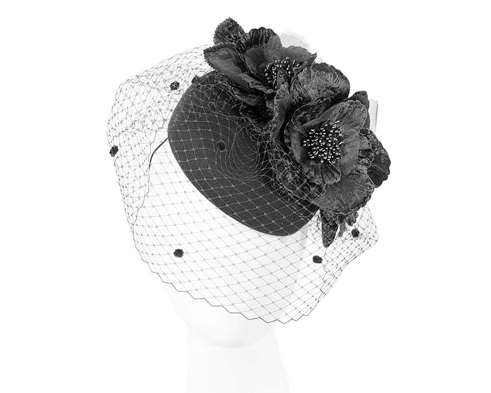 Black winter racing felt pillbox with flower and veiling by Fillies Collection