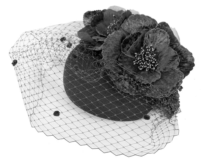 Black winter racing felt pillbox with flower and veiling by Fillies Collection - Image 2