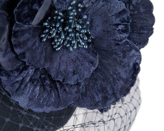 Navy winter racing felt pillbox with flower and veiling by Fillies Collection - Image 4