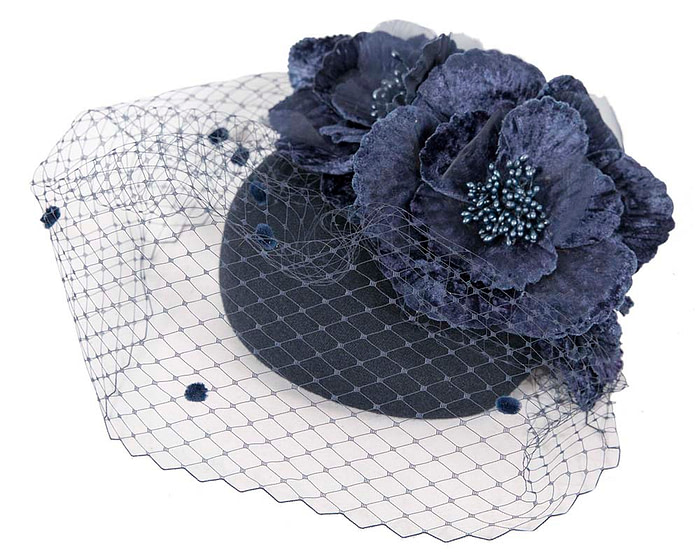 Navy winter racing felt pillbox with flower and veiling by Fillies Collection - Image 2