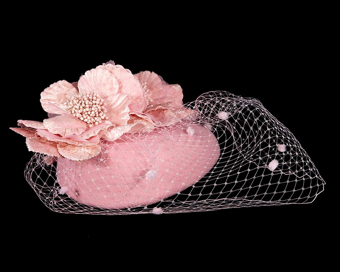 Pink winter racing felt pillbox with flower and veiling by Fillies Collection - Image 3