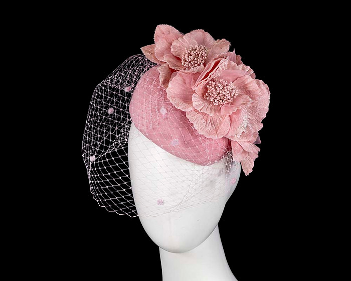 Pink winter racing felt pillbox with flower and veiling by Fillies Collection