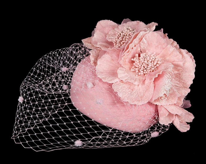 Pink winter racing felt pillbox with flower and veiling by Fillies Collection - Hats From OZ