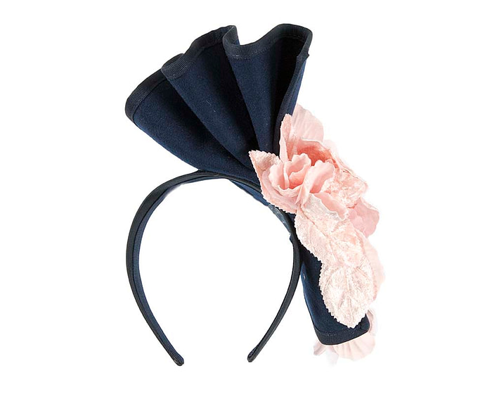 Large navy felt winter fascinator with pink flower by Fillies Collection - Image 5