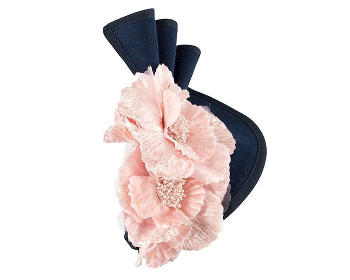 Large navy felt winter fascinator with pink flower by Fillies Collection - Image 3