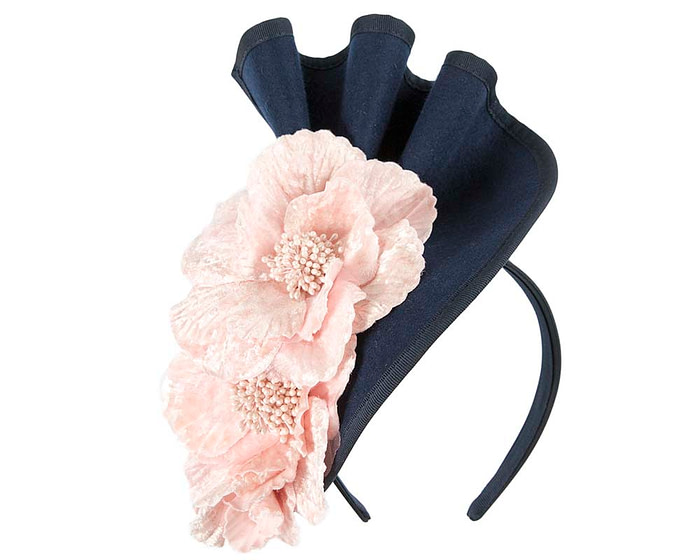 Large navy felt winter fascinator with pink flower by Fillies Collection - Image 2