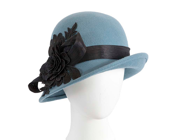 Blue felt cloche hat with lace by Fillies Collection